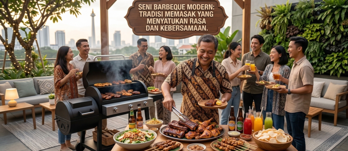 proses memasak barbeque modern di halaman rumah dengan panggangan