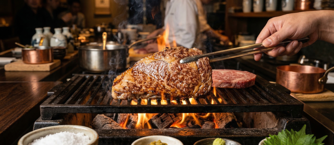 daging wagyu A5 premium yang sedang dipanggang dengan marbling sempurna